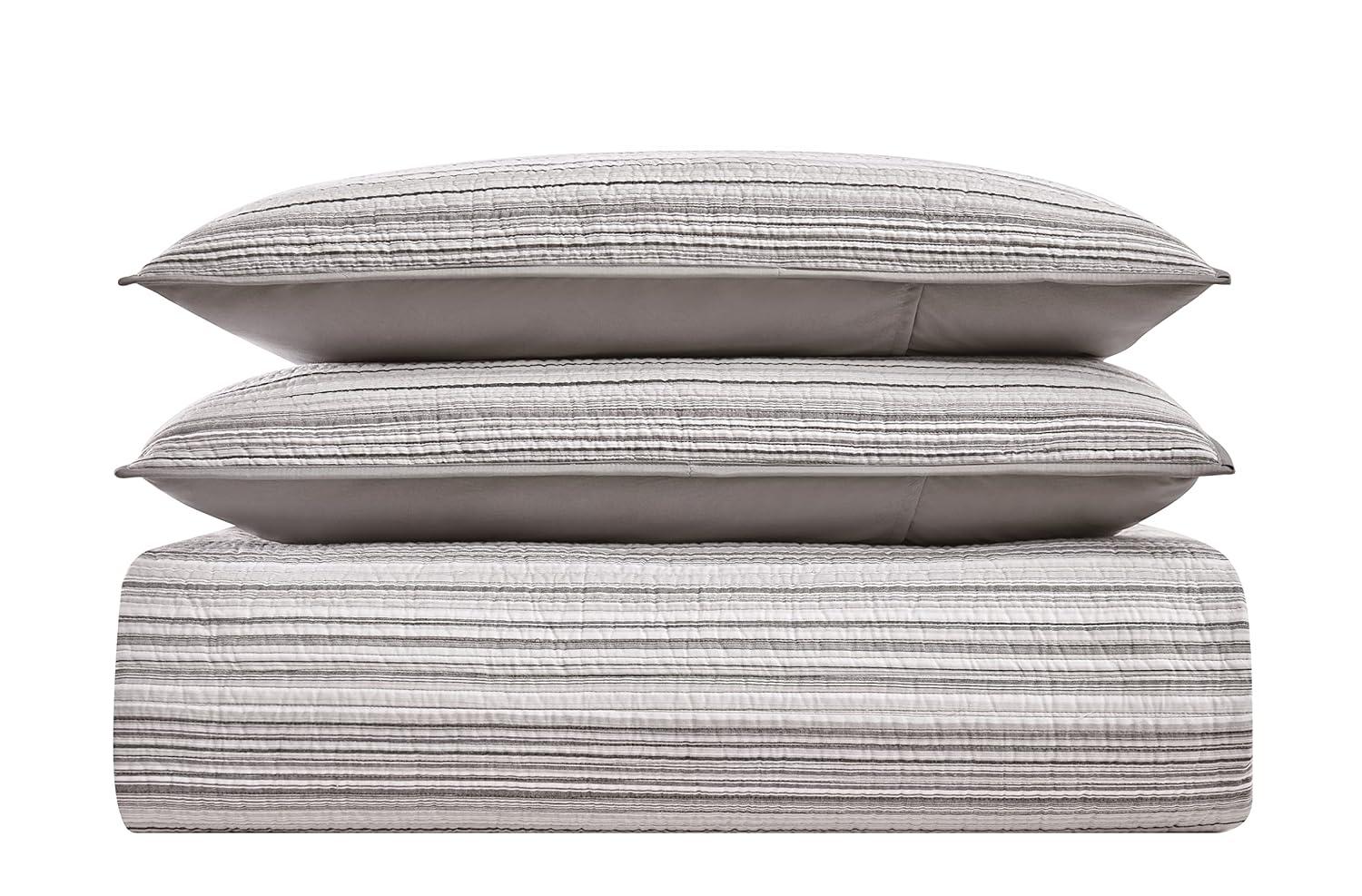 Gray Woven Cotton King Quilt Set with Striped Pattern