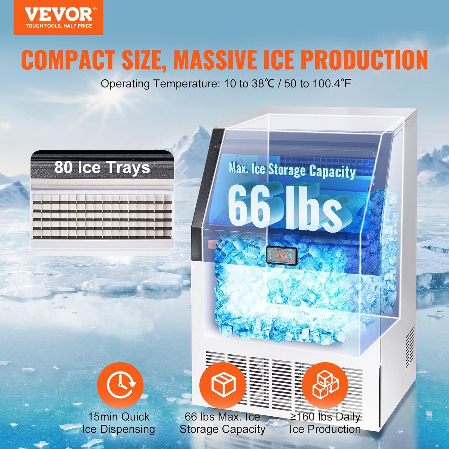 VEVOR 160lbs Stainless Steel Commercial Ice Maker with LED Display