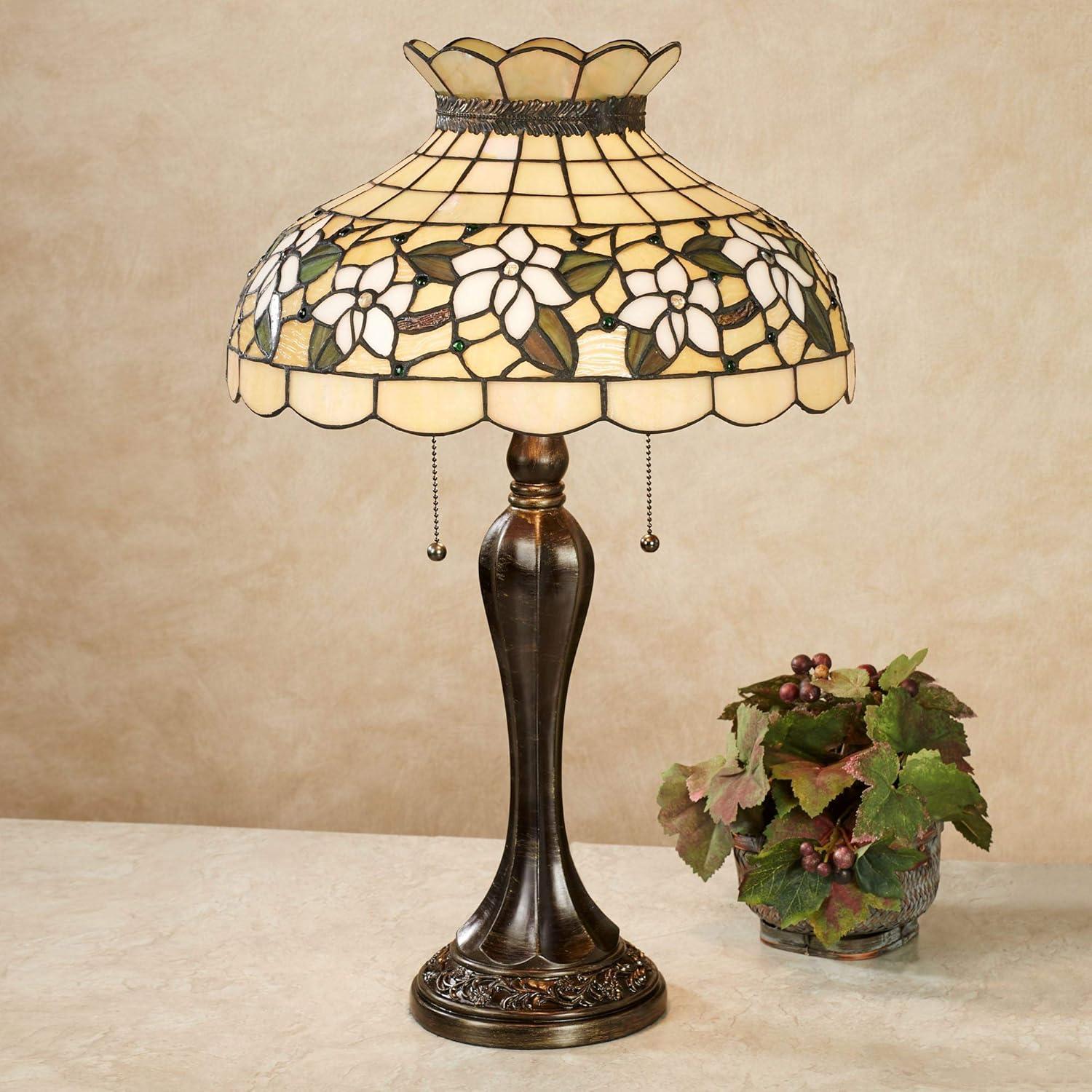 Touch of Class Maylea Magnolia Stained Glass Table Lamp Ivory 20.5 Inches High - Tiffany Style Lighting for Bedroom, Living Room, Office, Hotel