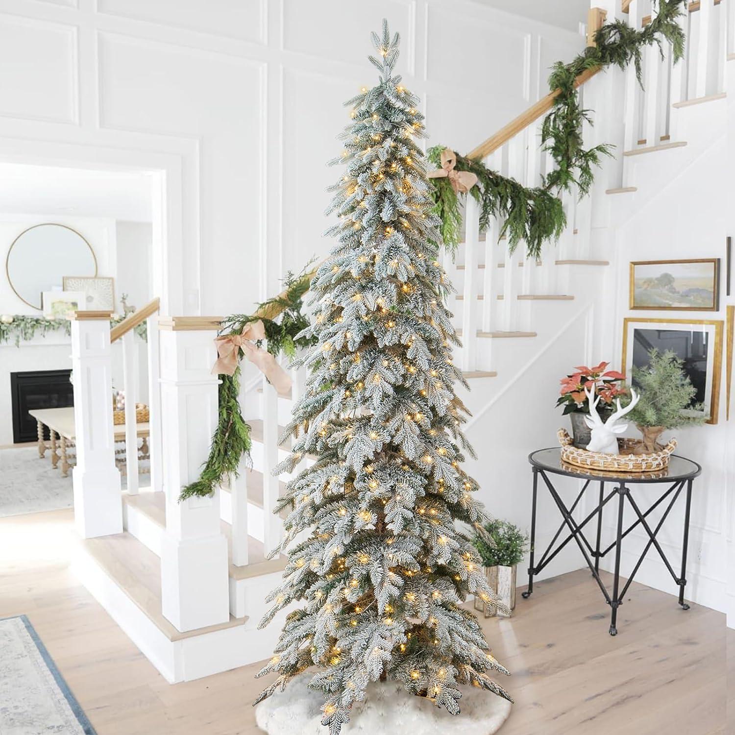 9ft Narrow Flocked Spruce Christmas Tree with Warm White Lights