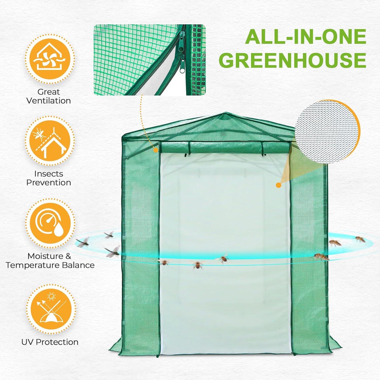 EAGLE PEAK 8x6 Portable Walk-in Greenhouse Instant Pop-up Indoor Outdoor Plant Gardening Green House Canopy with Dual Roll-up Zipper PE Door & Upgraded Screen Mesh Door, Green