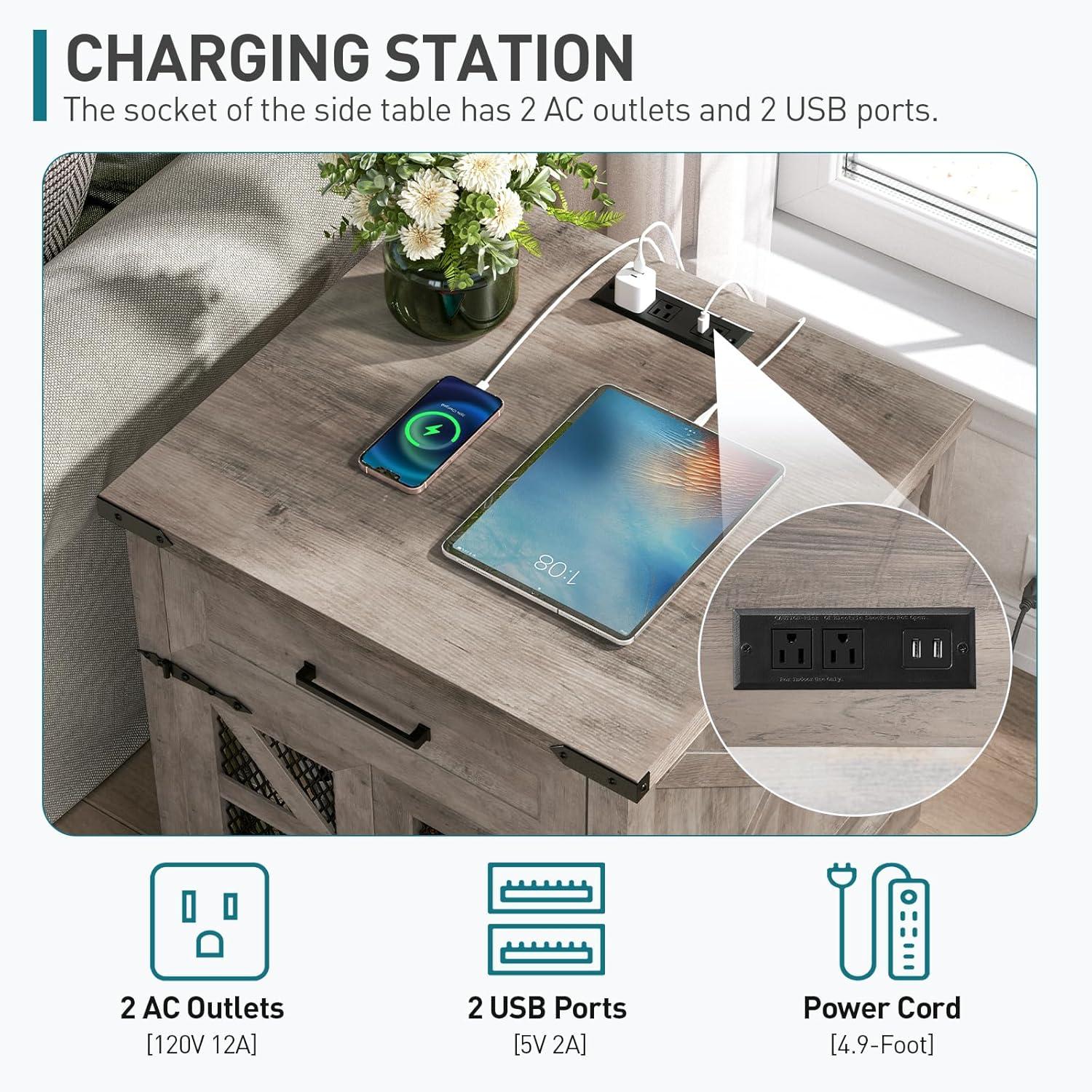 Rustic Gray Wood Farmhouse End Table with Charging Station