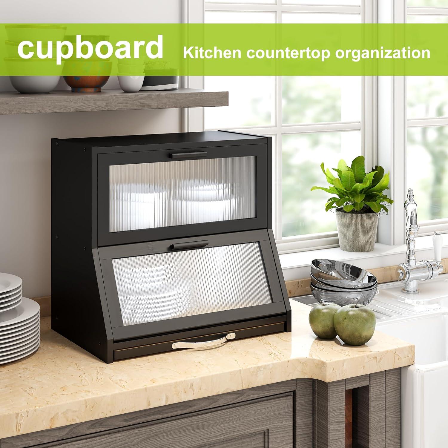 Prep & Savour Large Bread Box For Kitchen Counter, Bamboo Wooden Double Layer Large Capacity Bread Storage Bin With Acrylic Wavy Door Panel (Natural + Cutting Board)