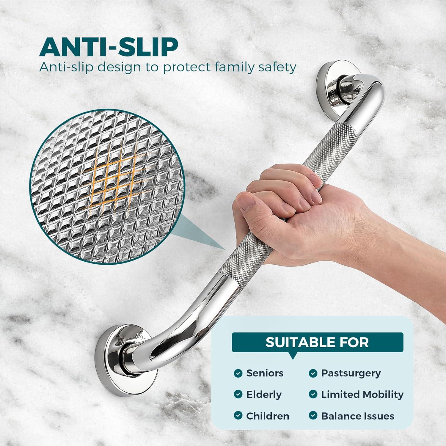 OUSITAID 2 Pack 12 Inch Anti Slip Shower Grab Bar Handle   Chrome Stainless Steel Bathroom Grab Bar  Knurled Bathroom Balance Bar Safety Hand Rail Support Handicap Elderly Injury Senior A