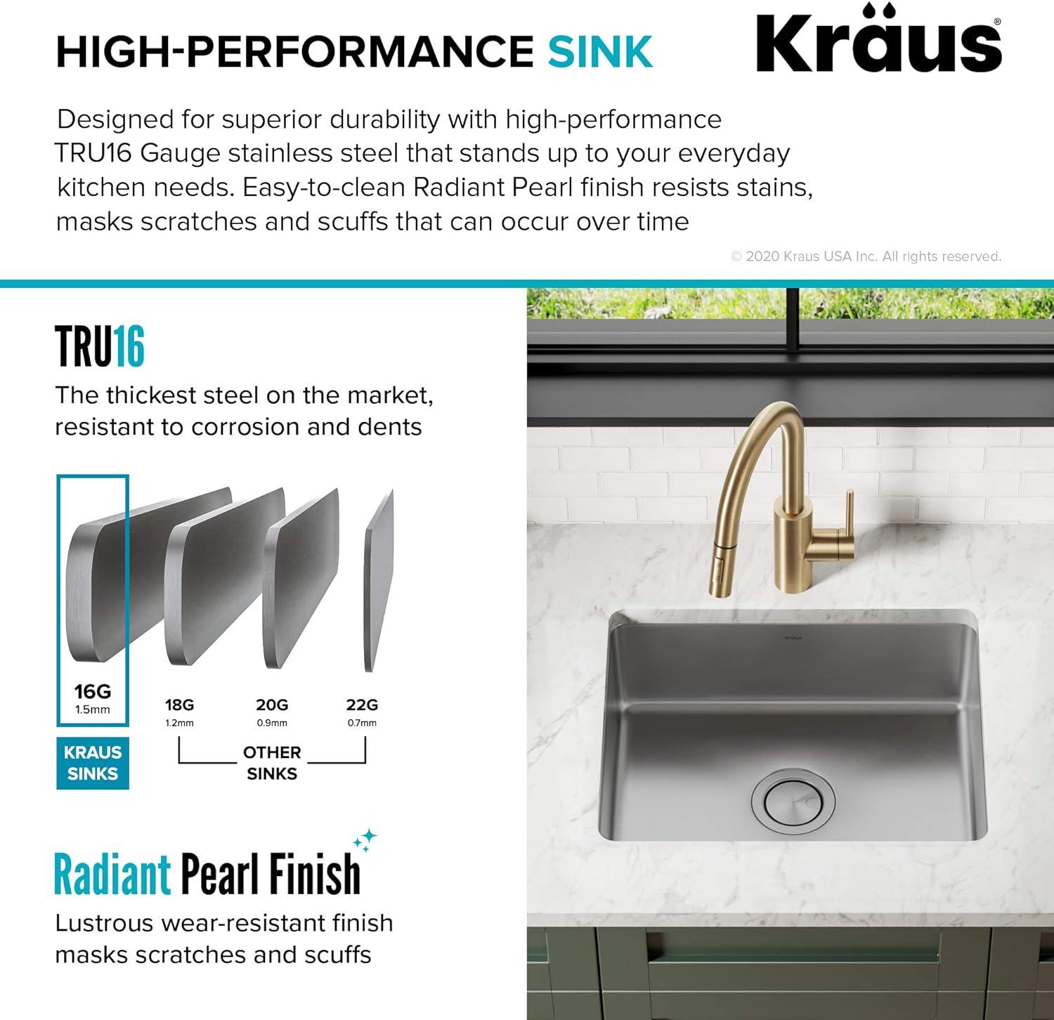 Dex™️ Series KRAUS 21" L Undermount 16 Gauge Stainless Steel Single Bowl Kitchen Sink