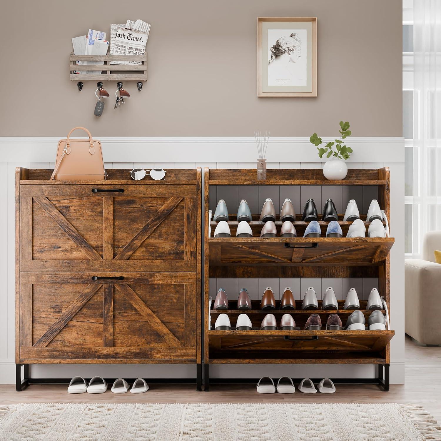 Clearance! BTMWAY Shoe Cabinet with 2 Flip Drawers, Narrow Shoe Storage Cabinet for Entryway, Freestanding Shoe Organizer with Metal Legs, Rustic Brown