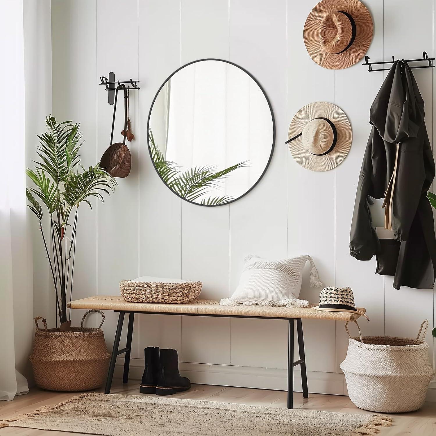 WallBeyond Classic Wooden Frame Farmhouse Round Wall Mirror Satin Black 24 inches Black