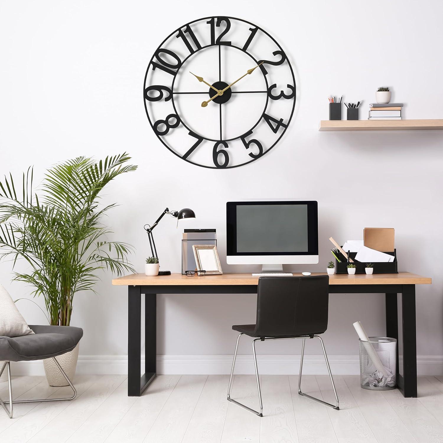 Oversized Black Metal Analog Wall Clock with Arabic Numerals