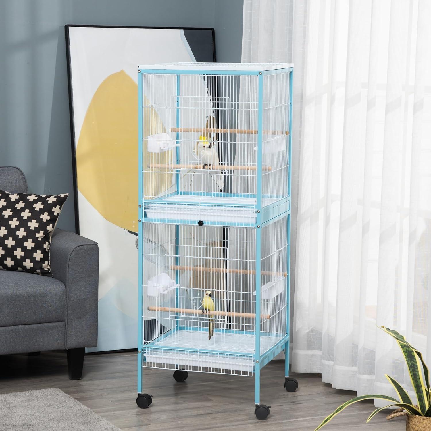 PawHut 55" 2 In 1 Bird Cage Aviary Parakeet House for finches, budgies with Wheels, Slide-out Trays, Wood Perch, Food Containers, Light Blue