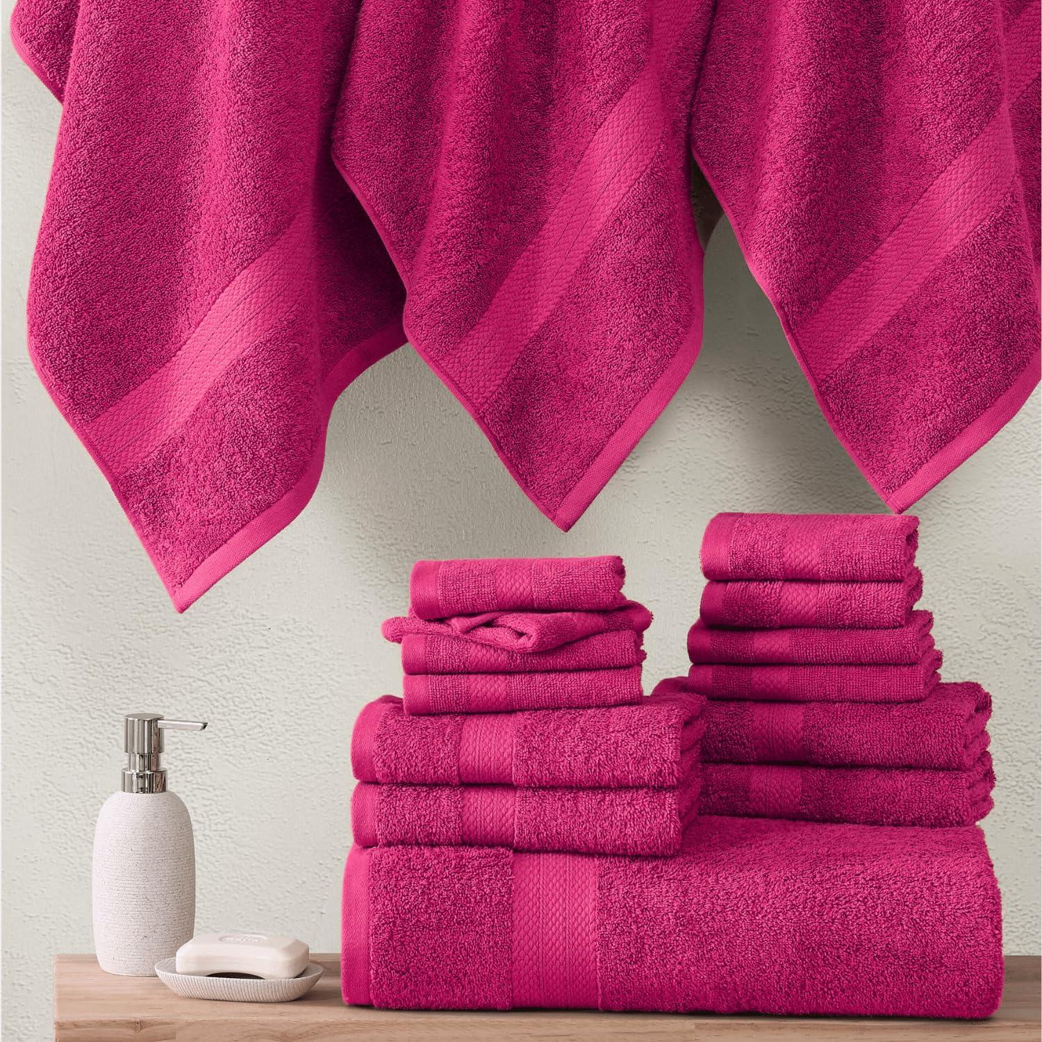 LANE LINEN 100% Cotton Bathroom Towel Set - 24 Pcs - Ring Spun, Super Soft & Highly Absorbent - 2 Bath Sheets, 4 Fingertip, 4 Bath, 6 Hand Towels, 8 Washcloths - Wide Variety of Colours - Fuchsia