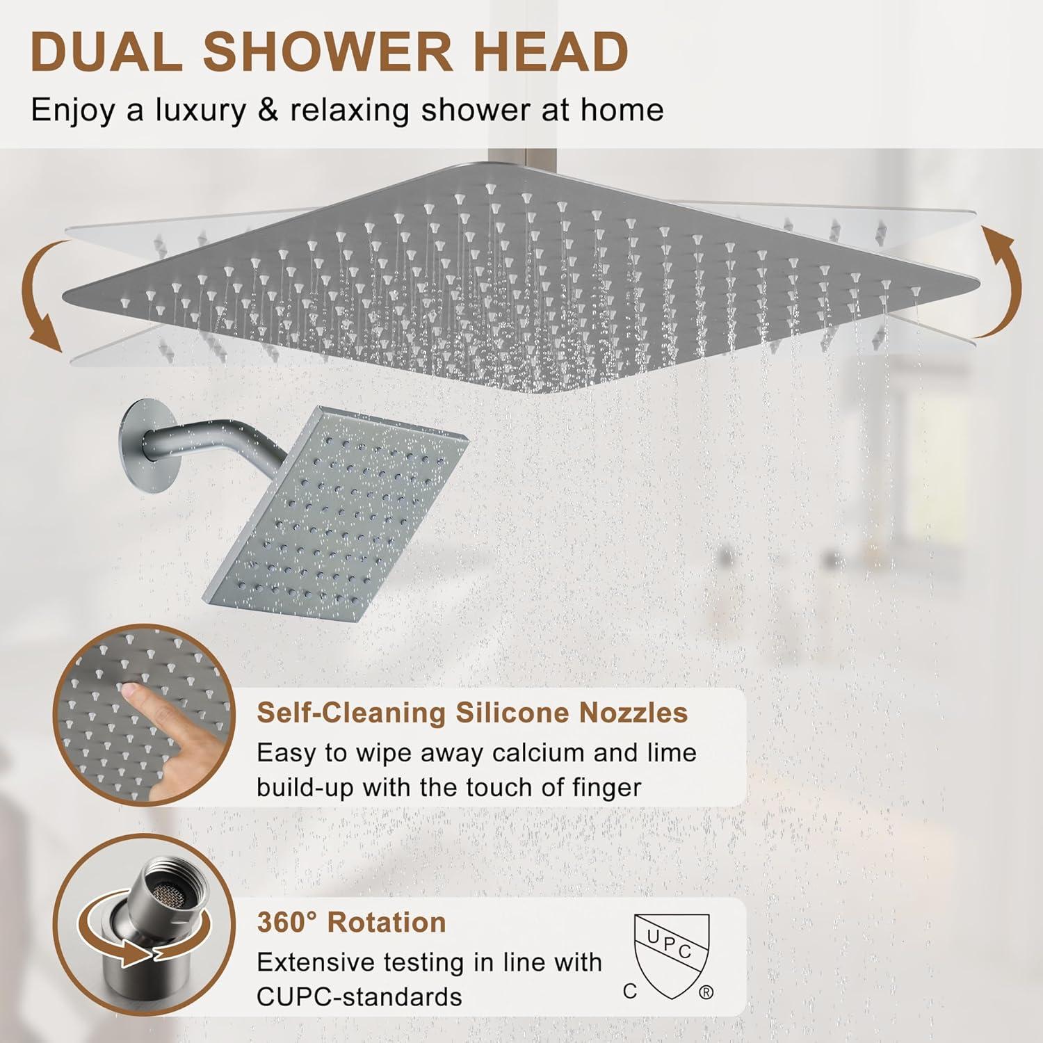 16" Brushed Nickel Ceiling-Mounted Thermostatic Shower System with Body Jets