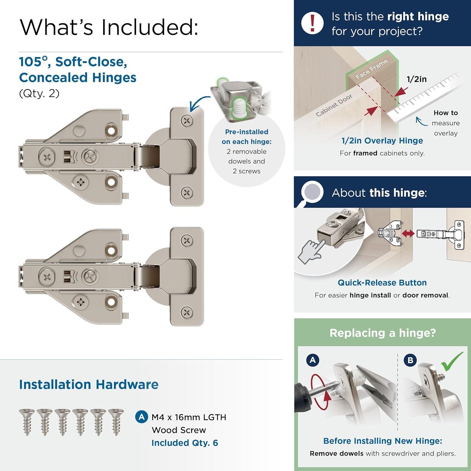 1/2 inch (13mm) Overlay Face Frame Soft Close Euro Concealed Cabinet Hinge - 1 Pair