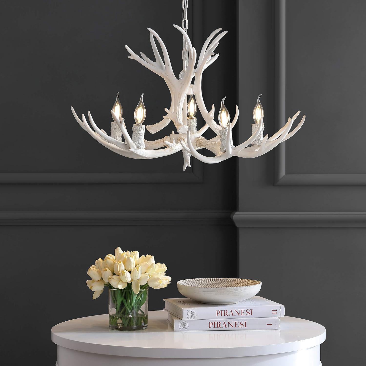 JONATHAN Y Eldora 30" Adjustable Resin Antler 5-Light LED Chandelier, White