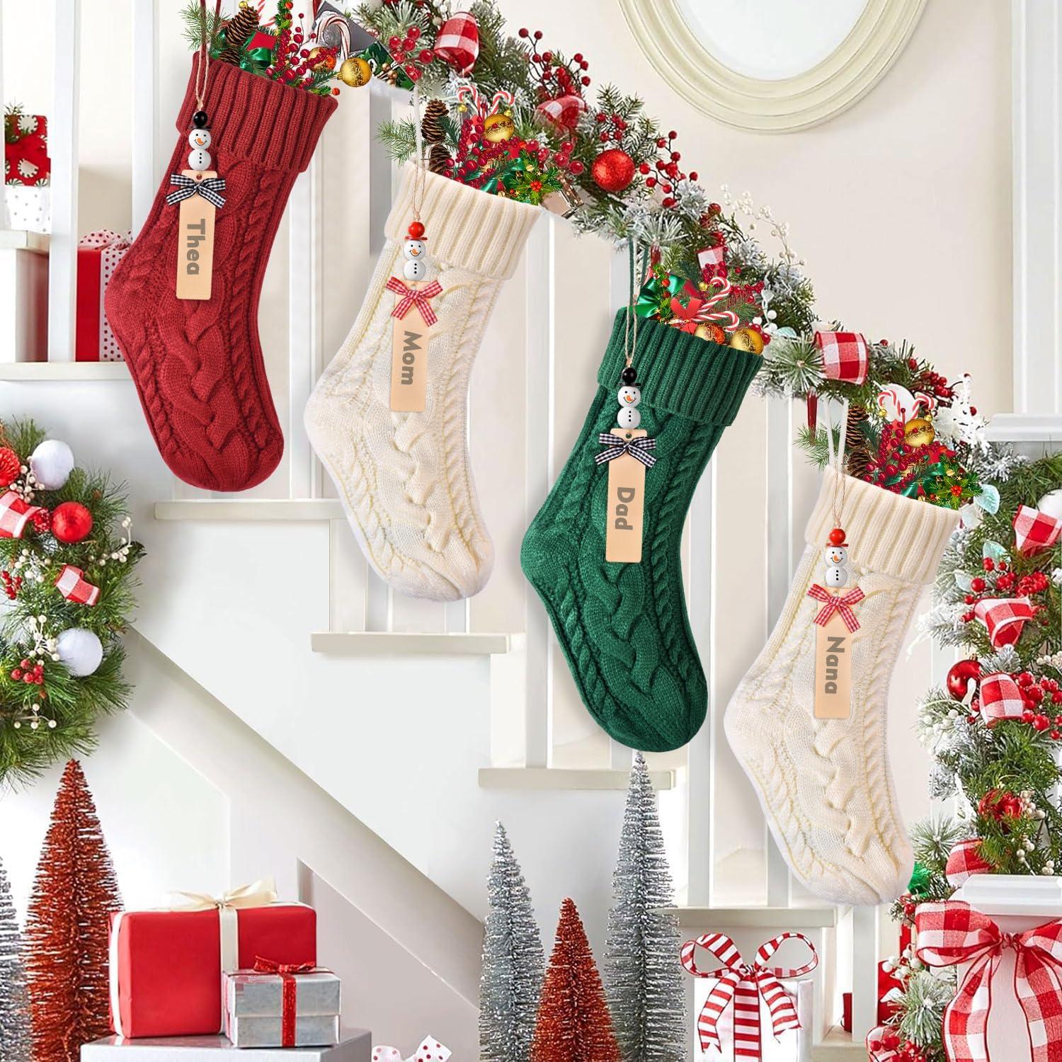 Dalrosia Personalized Christmas Stockings - 18 Inches Hanging Stockings with DIY Snowman Name Tags, 4PCS Large Size Knitted Stockings for Mantels, Christmas Tree Family Holiday Decor