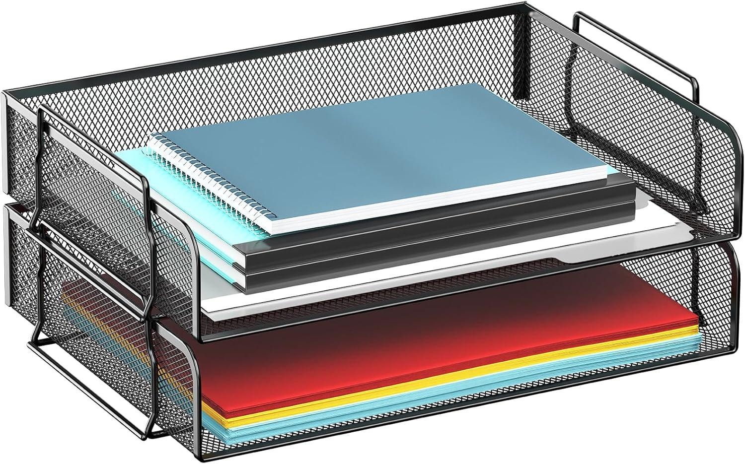 Stackable Paper Tray, Desktop Organizer, File Storage, Metal, 13.5"L x 10"W x 7.25"H, 2 Pcs
