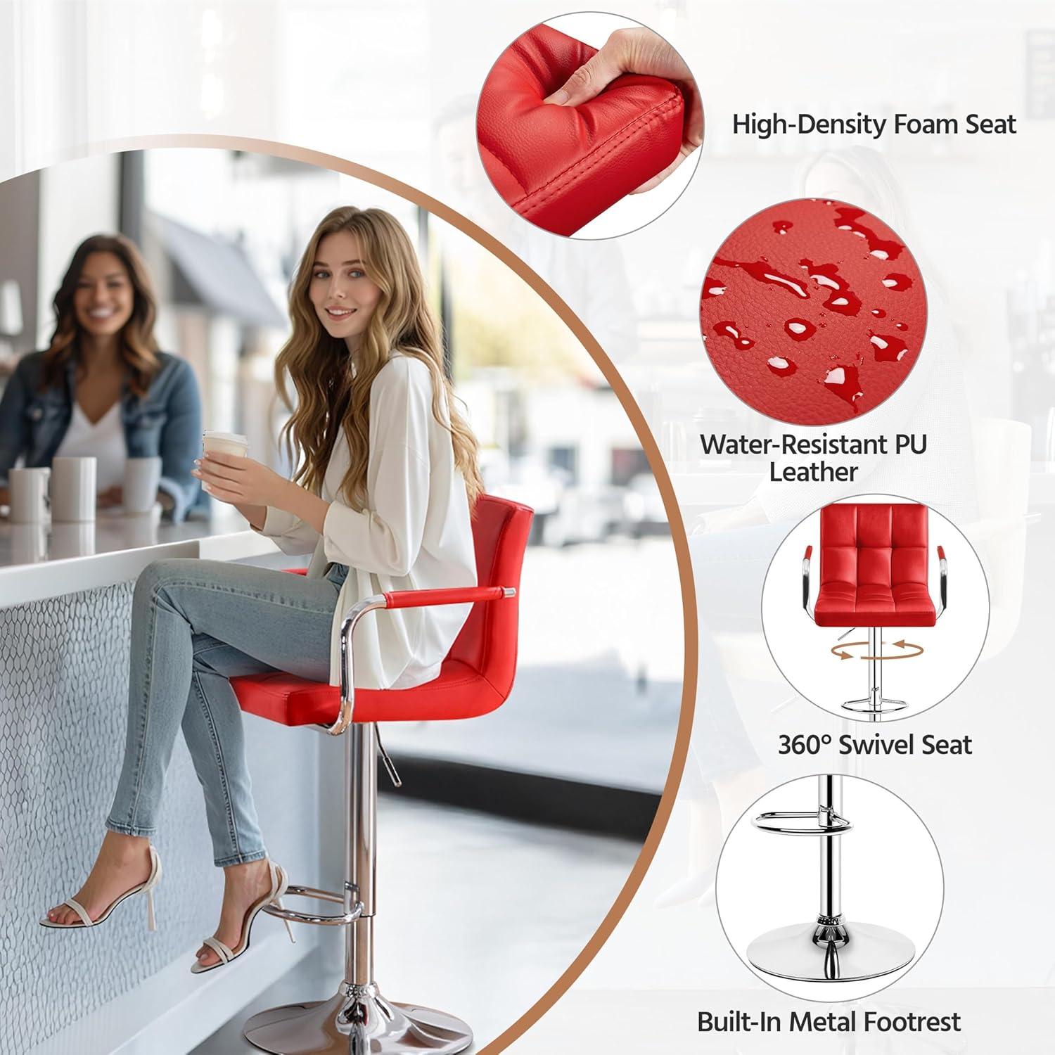 Killeryuki Tall Bar Stools Set of 2 Modern Square PU Leather Adjustable BarStools Counter Height Stools with Arms and Back Bar Chairs 360° Swivel Stool, Red