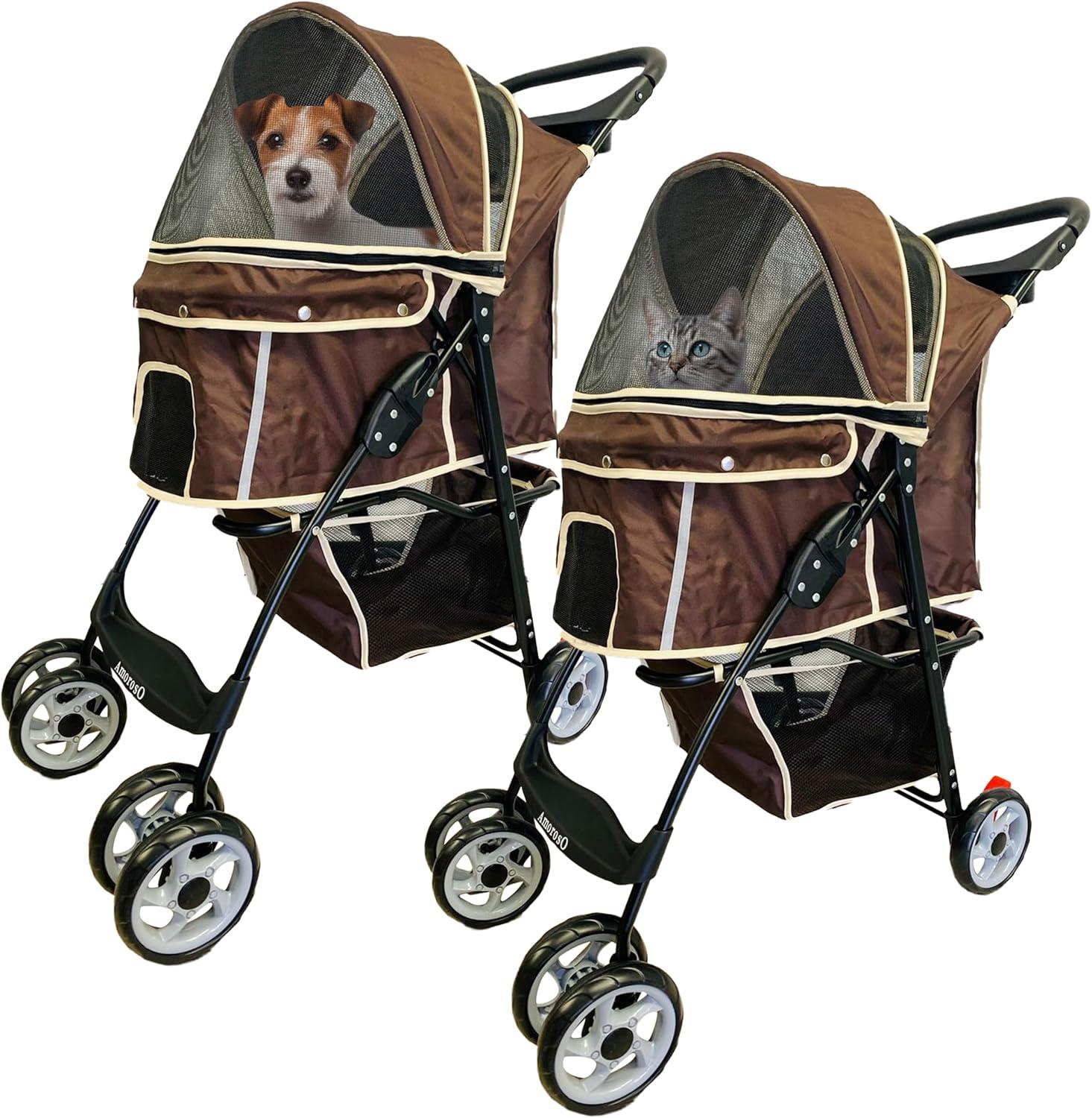 Brown and White Polyester Pet Stroller with Storage Basket