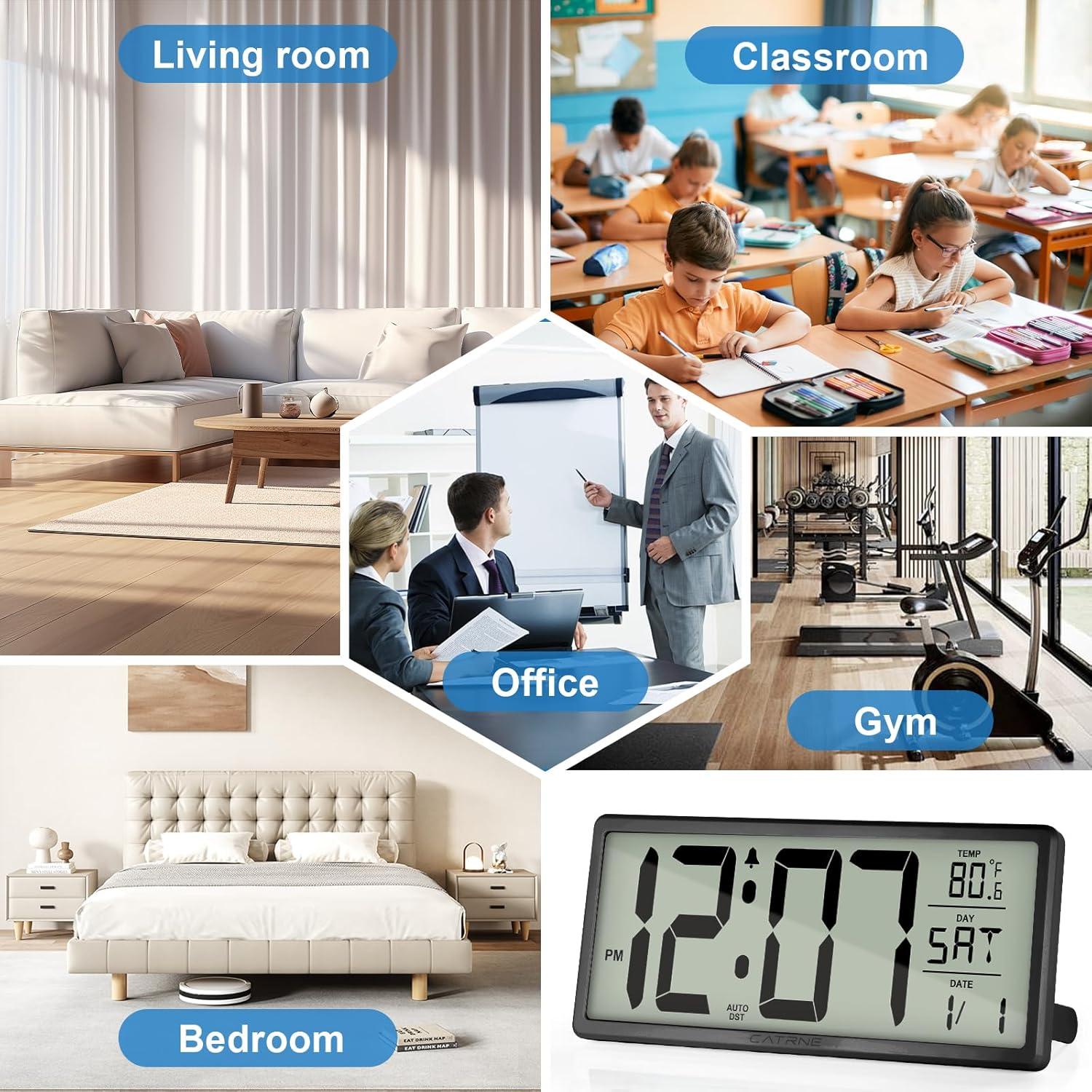 WallarGe 14.5'' Large Digital Wall Clock Battery Operated with Jumbo Numbers, Temperature and Date - Easy to Read and Set, Auto DST