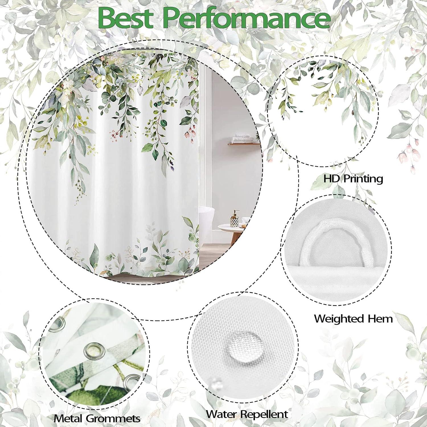 kampdream Eucalyptus Plant Rustic Shower Curtain, Watercolor Leaves On The Top Country Farm House Shower Curtain, Spring Botanical Bathroom Curtain 72 ×72 Inch
