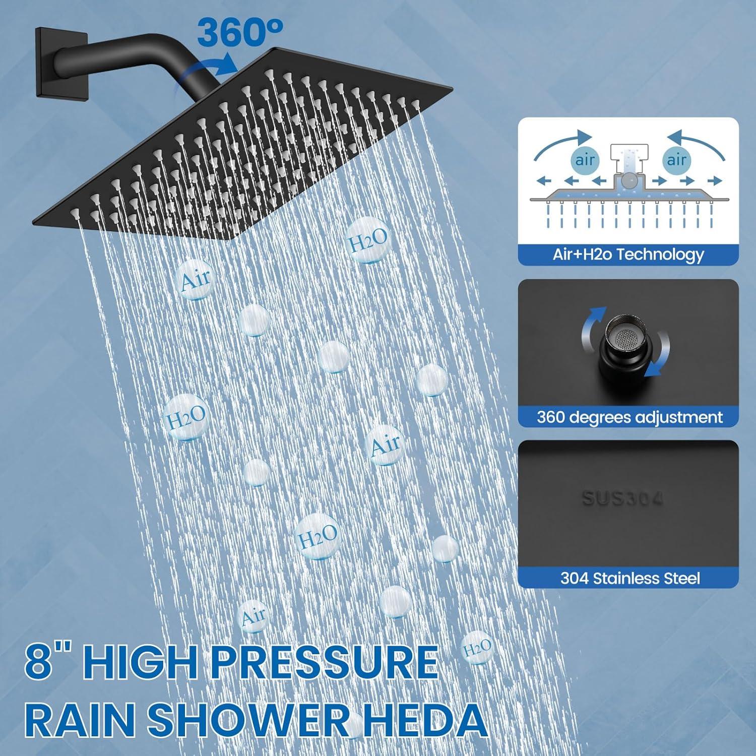 Black Shower Faucet Shower Trim Kit with Mixer Valve 8in Rain Shower Head Combos