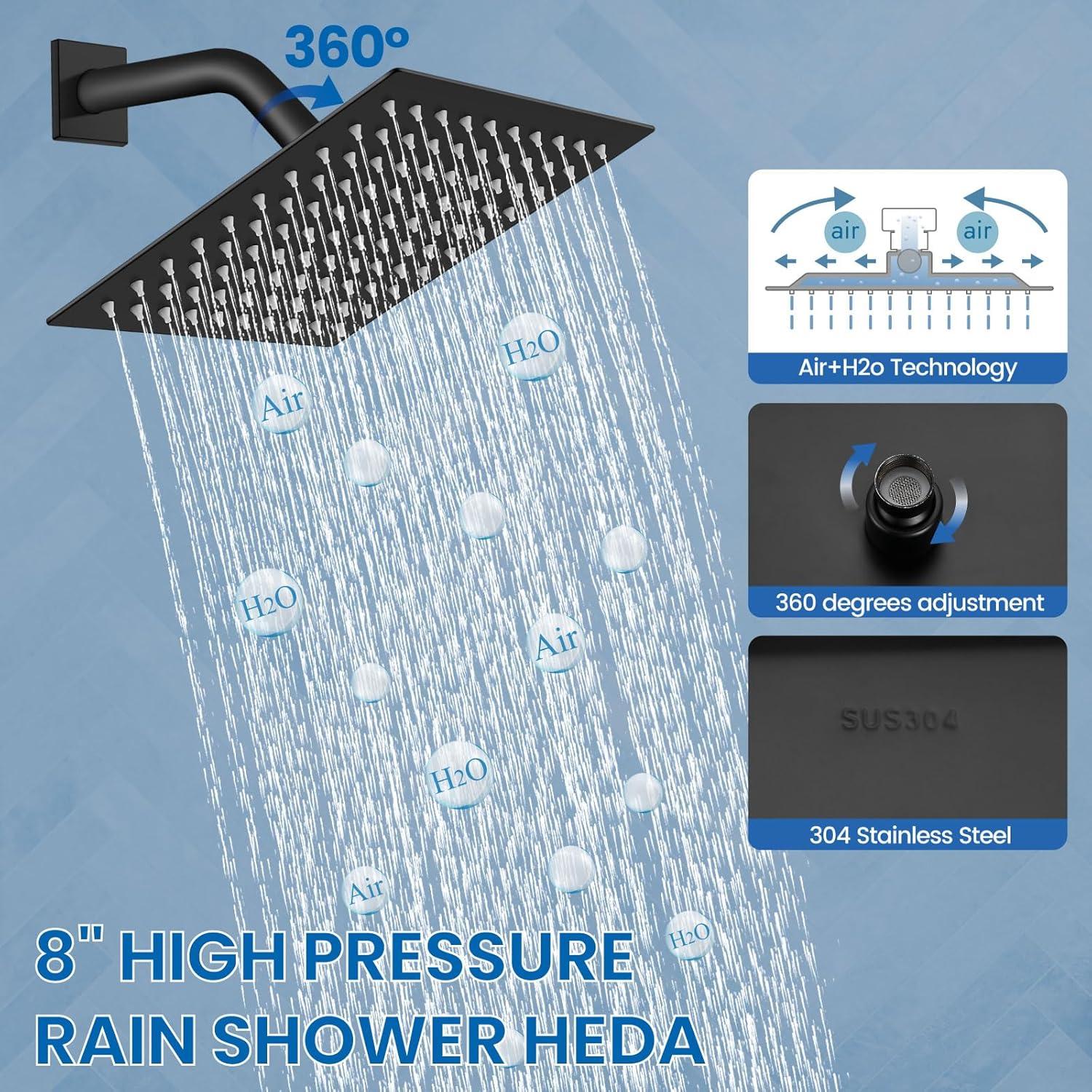 Matte Black Shower Faucet Set Bathroom Rain Shower System 8in Shower Head Combo