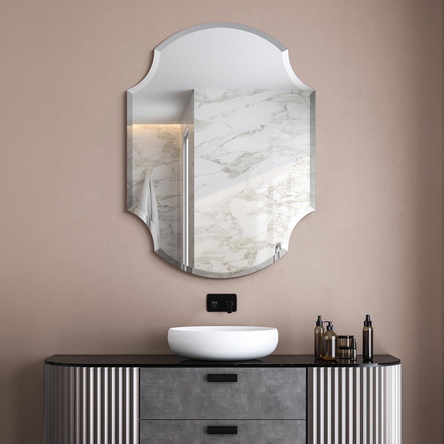 Frameless Beveled Octagonal Scallop Black Matte Finished Wall Mirror