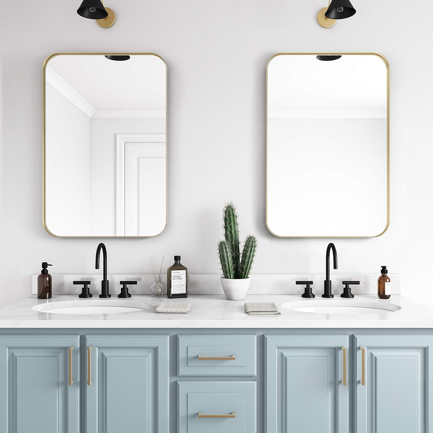 Contemporary and Farmhouse 24x36" Brushed Brass Rounded Rectangle Bathroom Vanity Wall Mirror