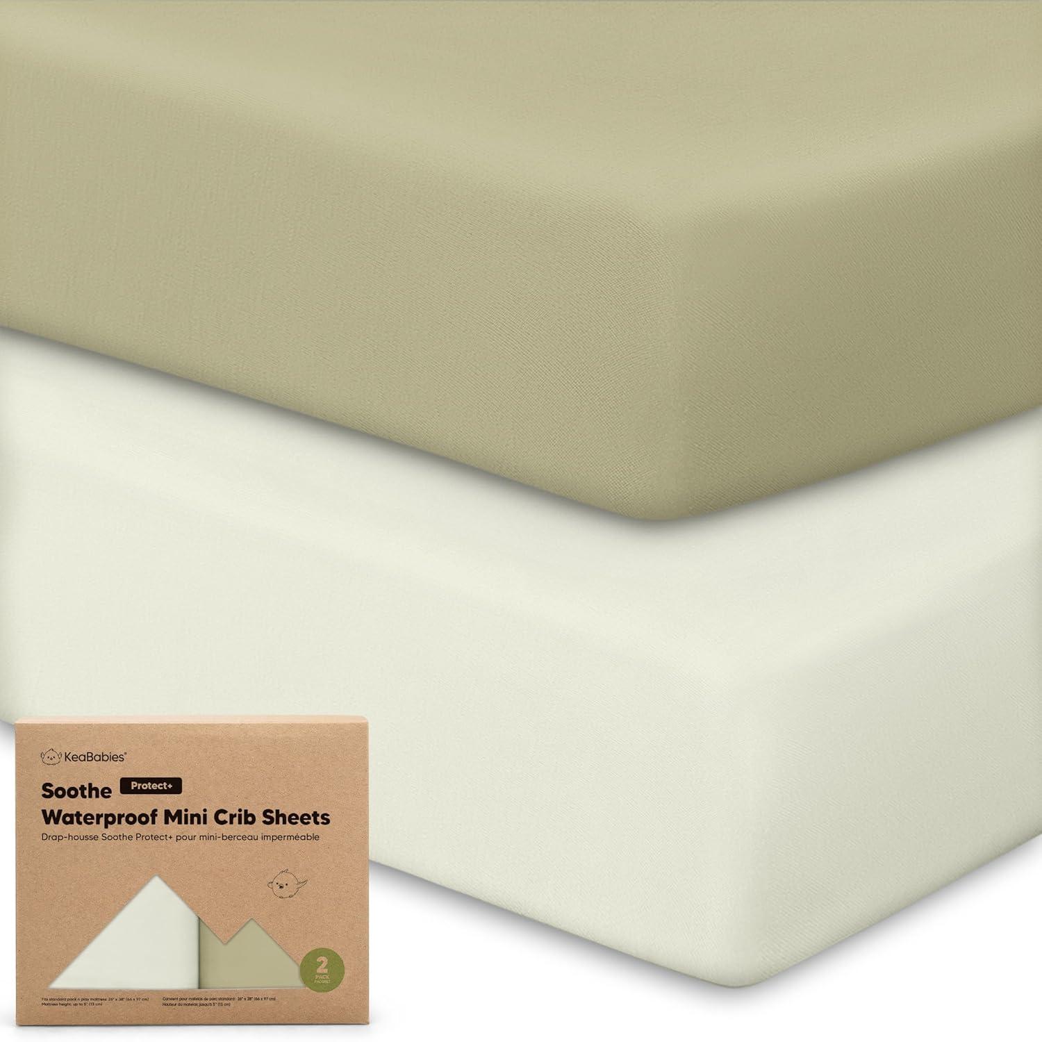 KeaBabies 2pk Soothe Waterproof Fitted Mini Crib Sheets for Girl, Boy, 100% Organic Soft Cotton Pack and Play Sheets (Oregano)