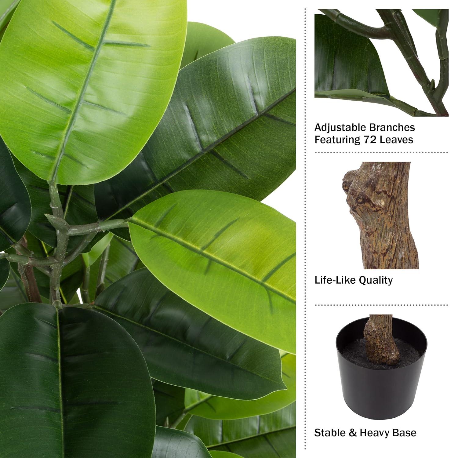Artificial Rubber Plant - 51-Inch Faux Tree with Natural-Feel Leaves - Realistic Potted Indoor Plant for Office or Home Decor by Pure Garden (Green)