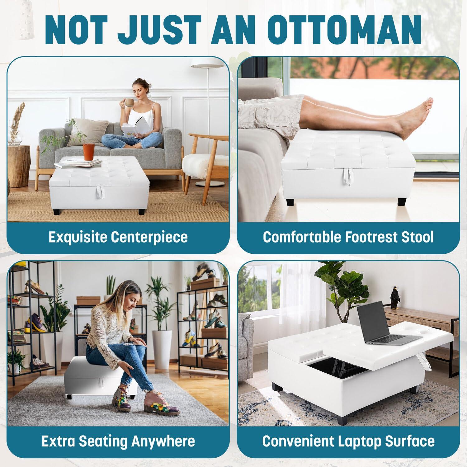 Ciara White Tufted Leather Lift-Top Storage Ottoman