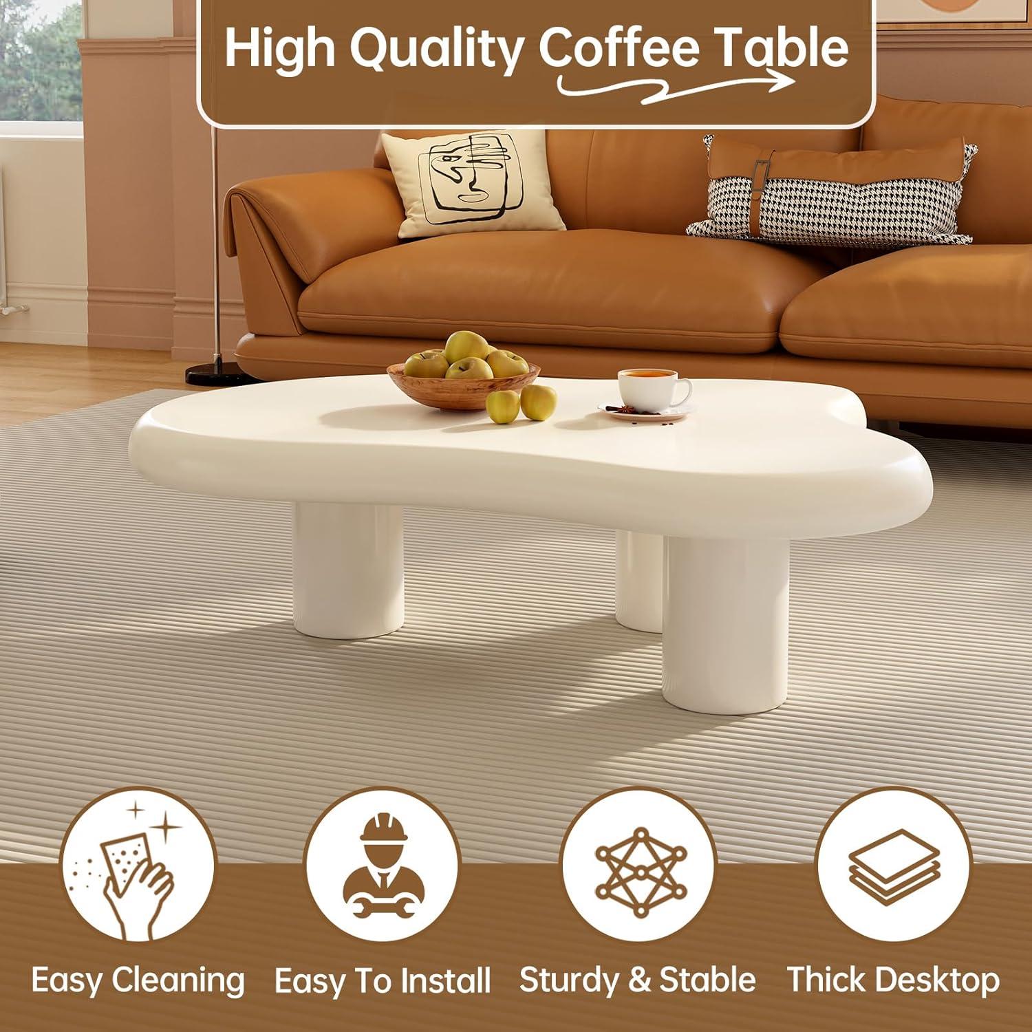 Guyii 41.02" Cream White Cloud Coffee Table, Irregular Coffee Table with 3 Legs for Living Room, Office