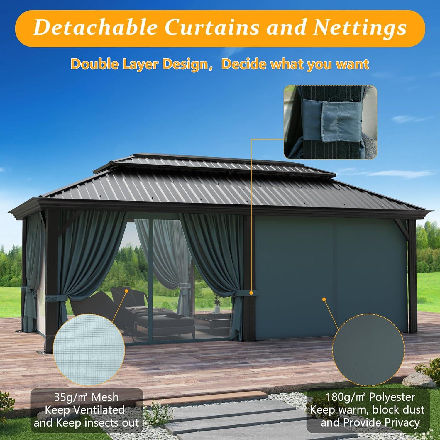 COBIZI 12x20 Hardtop Gazebo Aluminum Metal Gazebos Galvanized Steel Double Roof Permanent Hardtop Gazebo with Netting and Curtains Aluminum Frame Steel Gazebos for Deck, Lawns and Backyard, Black