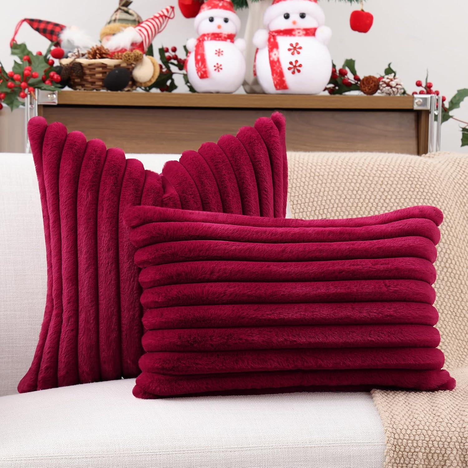 Burgundy Faux Fur 20x20 Decorative Pillow Covers Set of 2