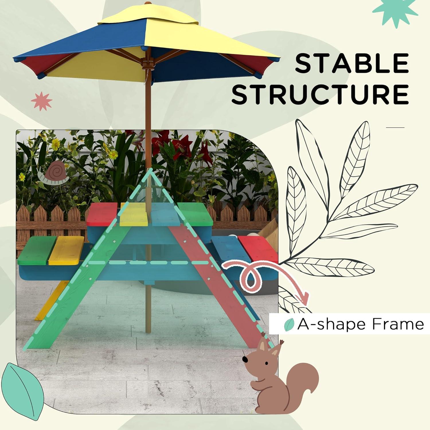 Outsunny Kids Picnic Table Set with Parasol, Wooden Outdoor Bench Set with Seating for 2 Children 3-6 Years Old, for Patio, Backyard, Indoor Use