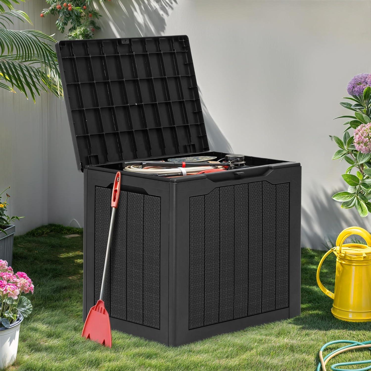 YITAHOME 32 Gallon Rattan Deck Box, Indoor Outdoor Storage Box for Patio Furniture, Pool Accessories, Cushions, Garden Tools, Sports Equipment, Waterproof Resin with Lockable Lid & Side Handles, Black