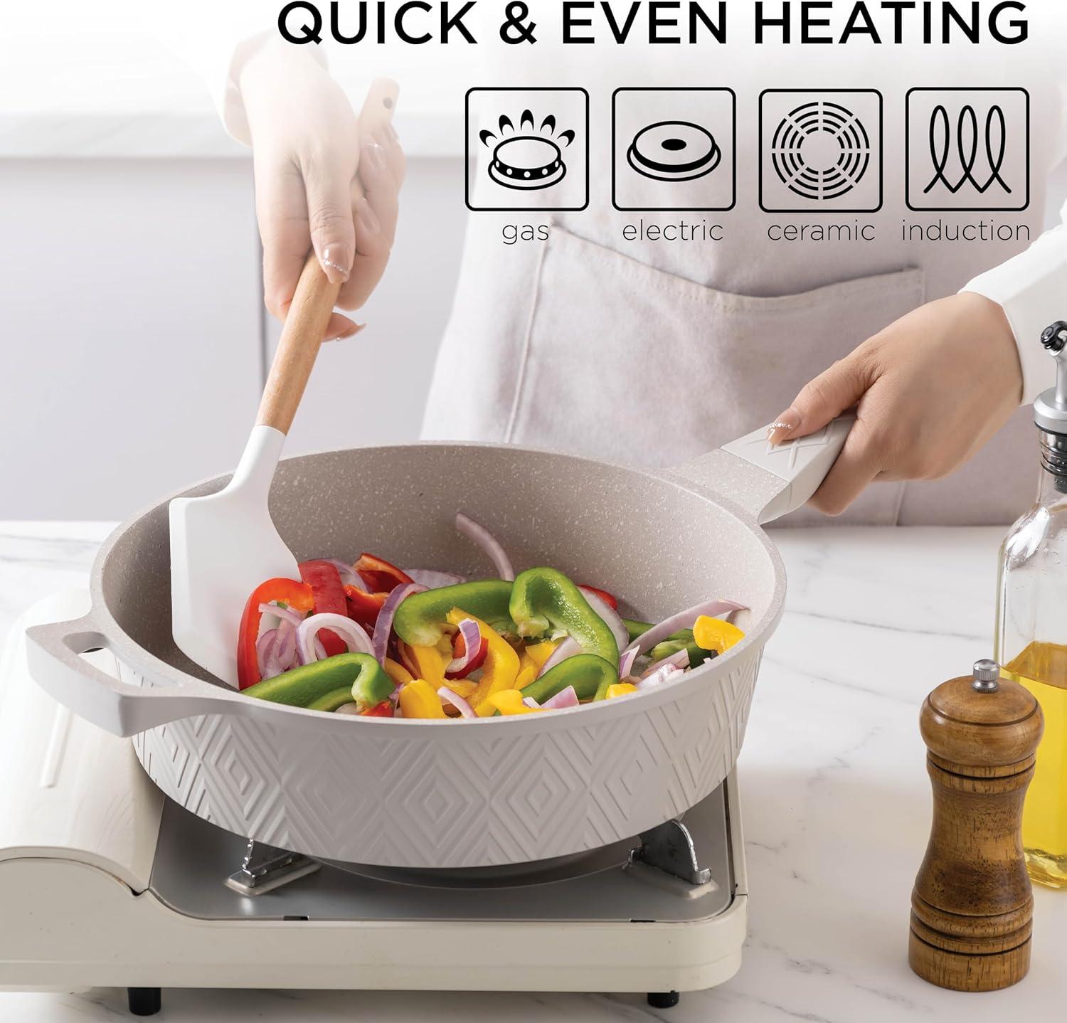 Country Kitchen 11-Pc Cast Aluminum Cookware Set Non Stick Pots and Pan Set, Cream Diamond