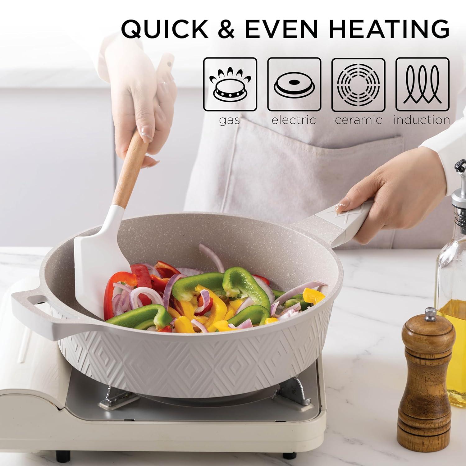 Country Kitchen 11-Pc Cast Aluminum Cookware Set Non Stick Pots and Pan Set, Cream Diamond