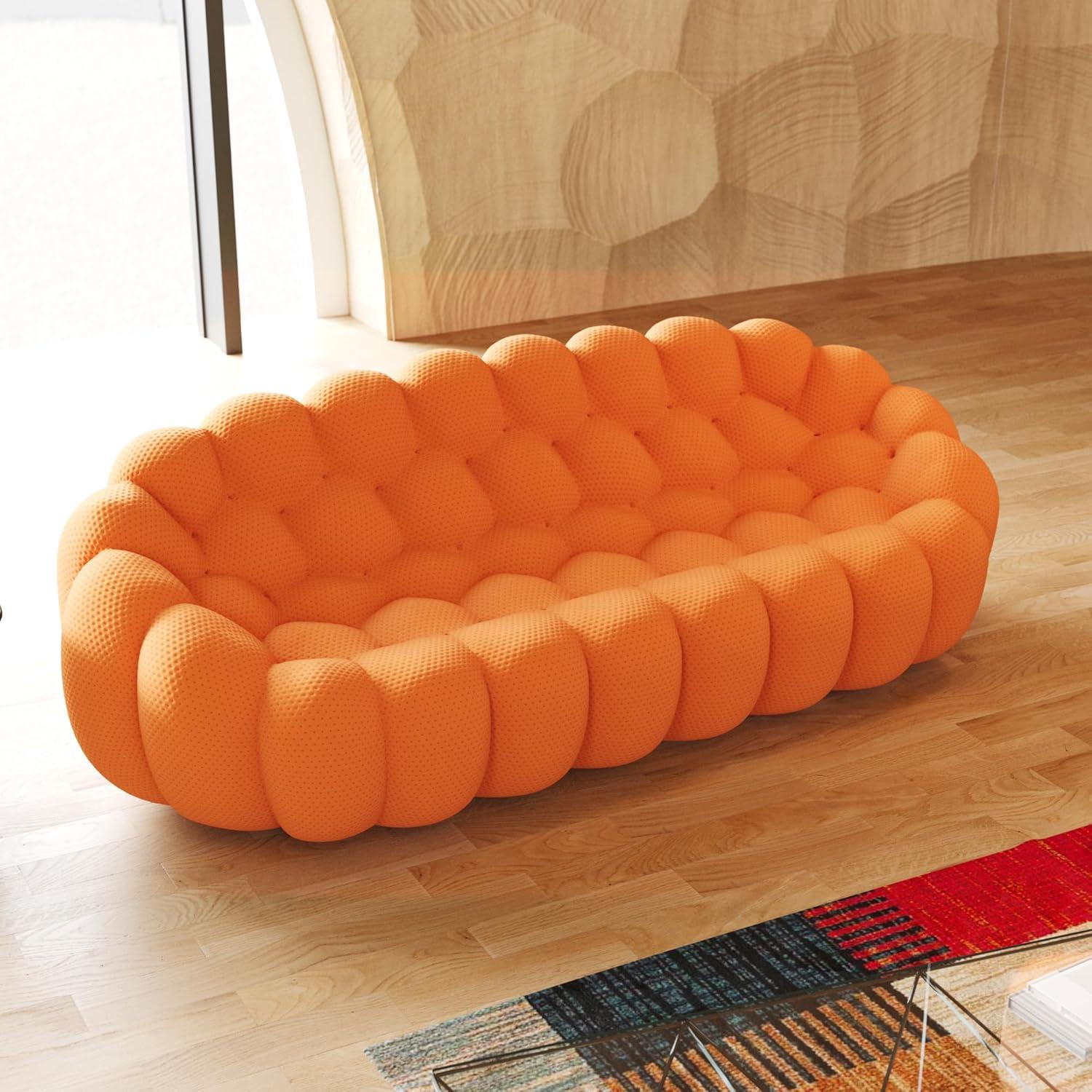 Bubble Couch, 98.43'' Modern 3-Seater Lazy Floor Couch, Memory Foam Bubble Round Sofa 3D Honeycomb Shape Curved Sofas for Living Room, Office, Apartment (Orange)