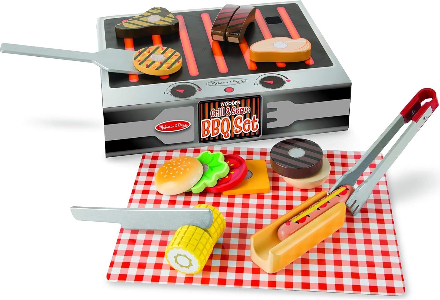 Melissa & Doug Grill and Serve BBQ Set (20 pcs) - Wooden Play Food and Accessories