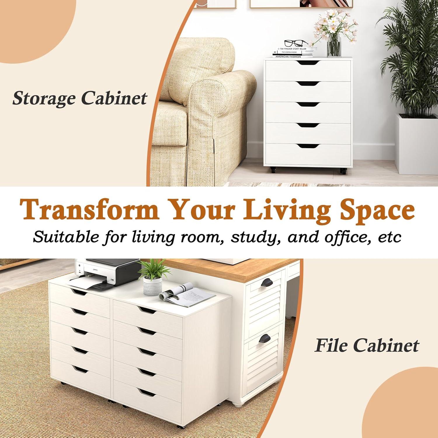 Halifax 5 Drawer Cabinet with Casters White - Winsome: Office Furniture Storage, Printer Stand