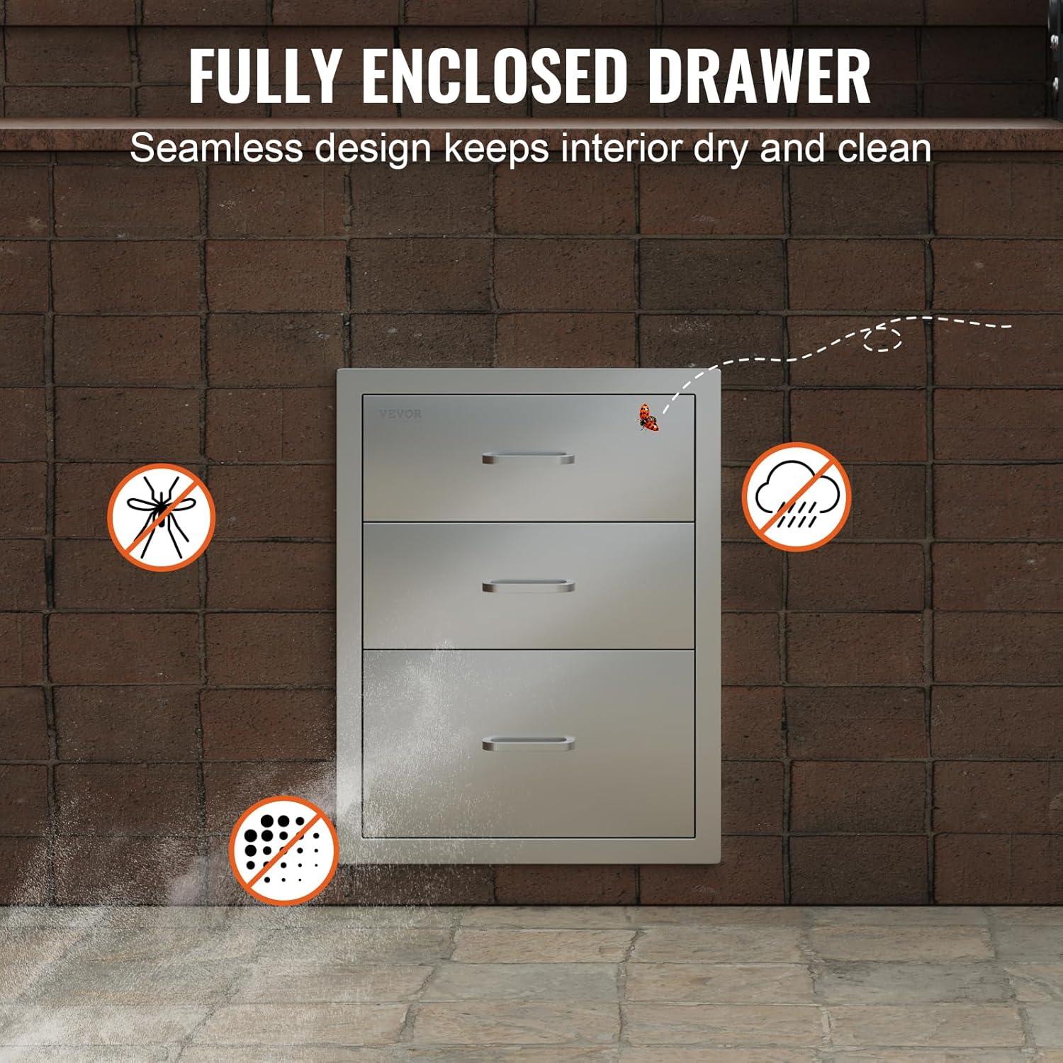 18x23 Inch Outdoor Kitchen Stainless Steel Triple Access BBQ Drawers with Chrome Handle, 18 x23 x 23 Inch 18 x 23 x 23 inch