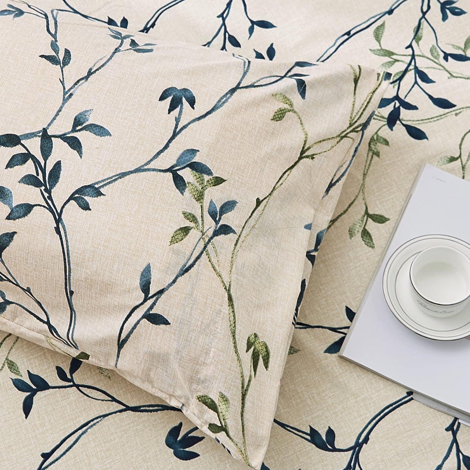 Queen Beige and Blue Botanical Print Microfiber Sheet Set