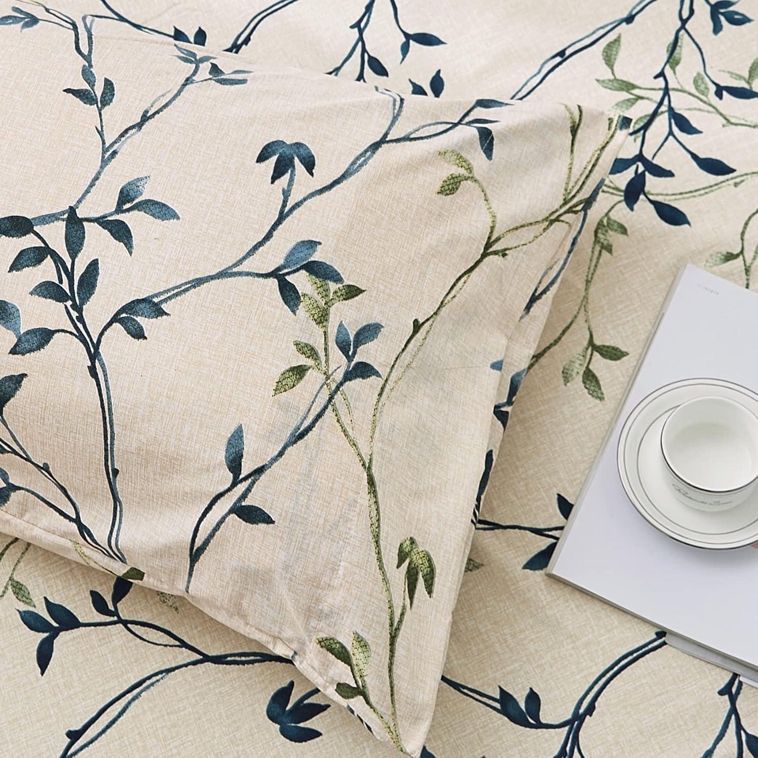 JSD Beige Leaves Printed Sheet Set Queen Size, 4 Piece Botanical Pattern Microfiber Sheets Extra Deep Pocket