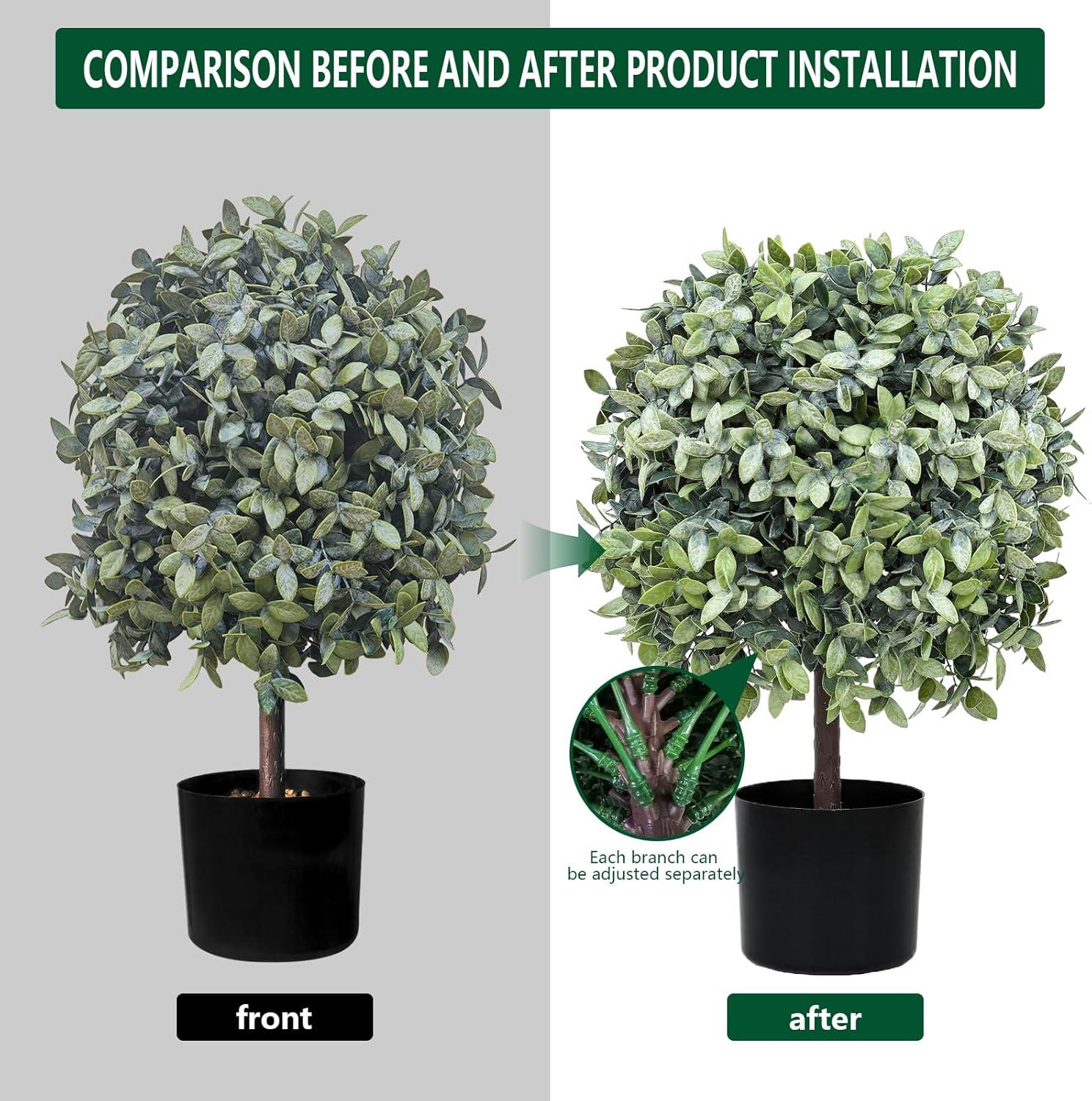 22’’ Faux Boxwood Topiary Ball Tree Set of 2, Artificial Plants Outdoor Weather Resistant, Cement-Filled Potted Bushes, Evergreen Topiary Trees Artificial for Porch Decoration Indoor Outdoor