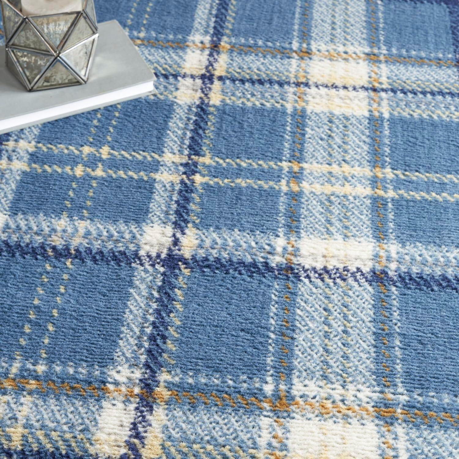 Blue Plaid 5' x 7' Hand-Knotted Synthetic Reversible Rug