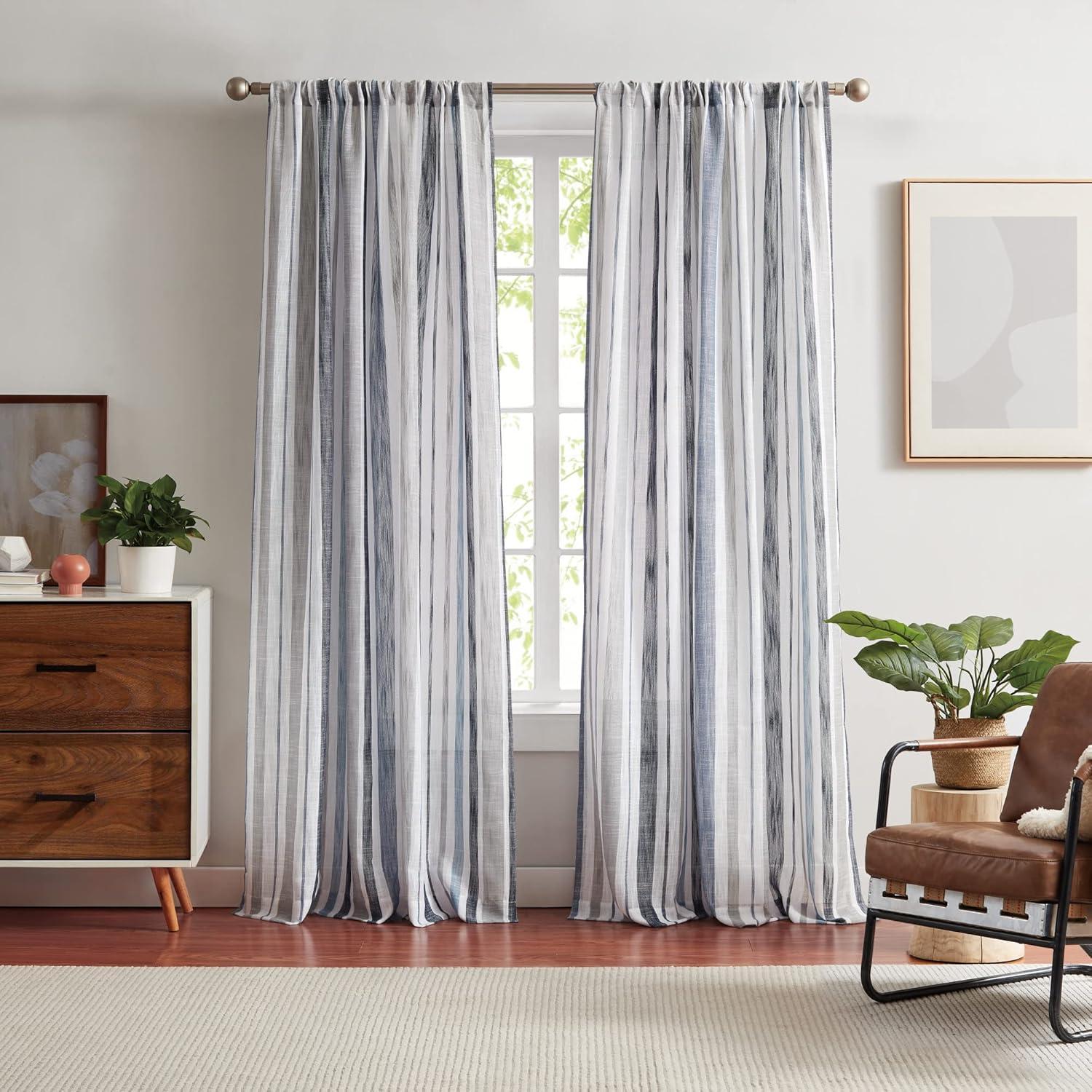 Navy Sheer Polyester Striped 95" Window Curtains