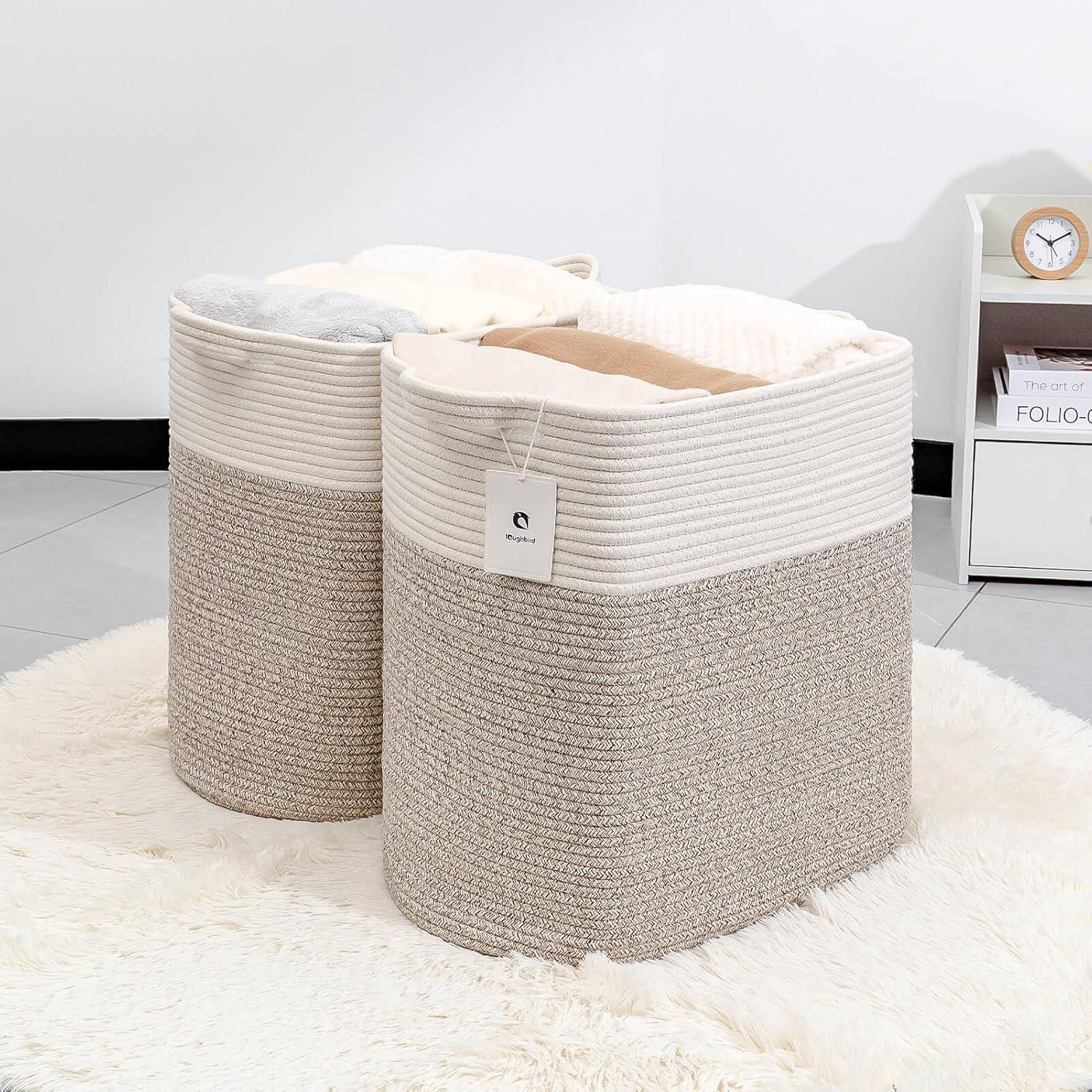 Brown and White Cotton Rope Upright Hamper Set