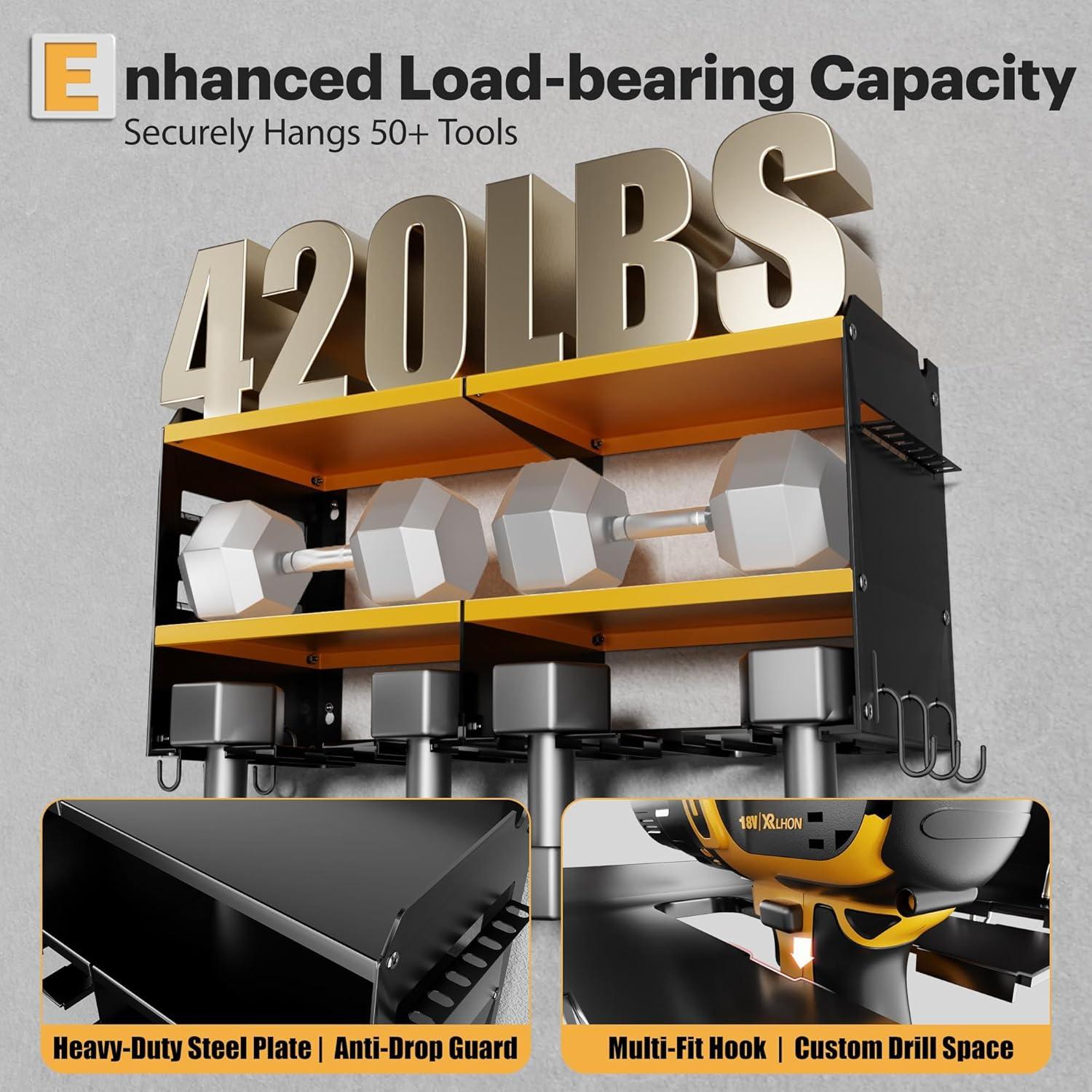 Spampur Power Tool Organizer Wall Mount with Charging Station, Garage Tool Shelf 6 Drill Holders, Tool Battery Holder with Plier holder Heavy Duty Rack, Tool Storage Rack with 4 Outlet Power Strip