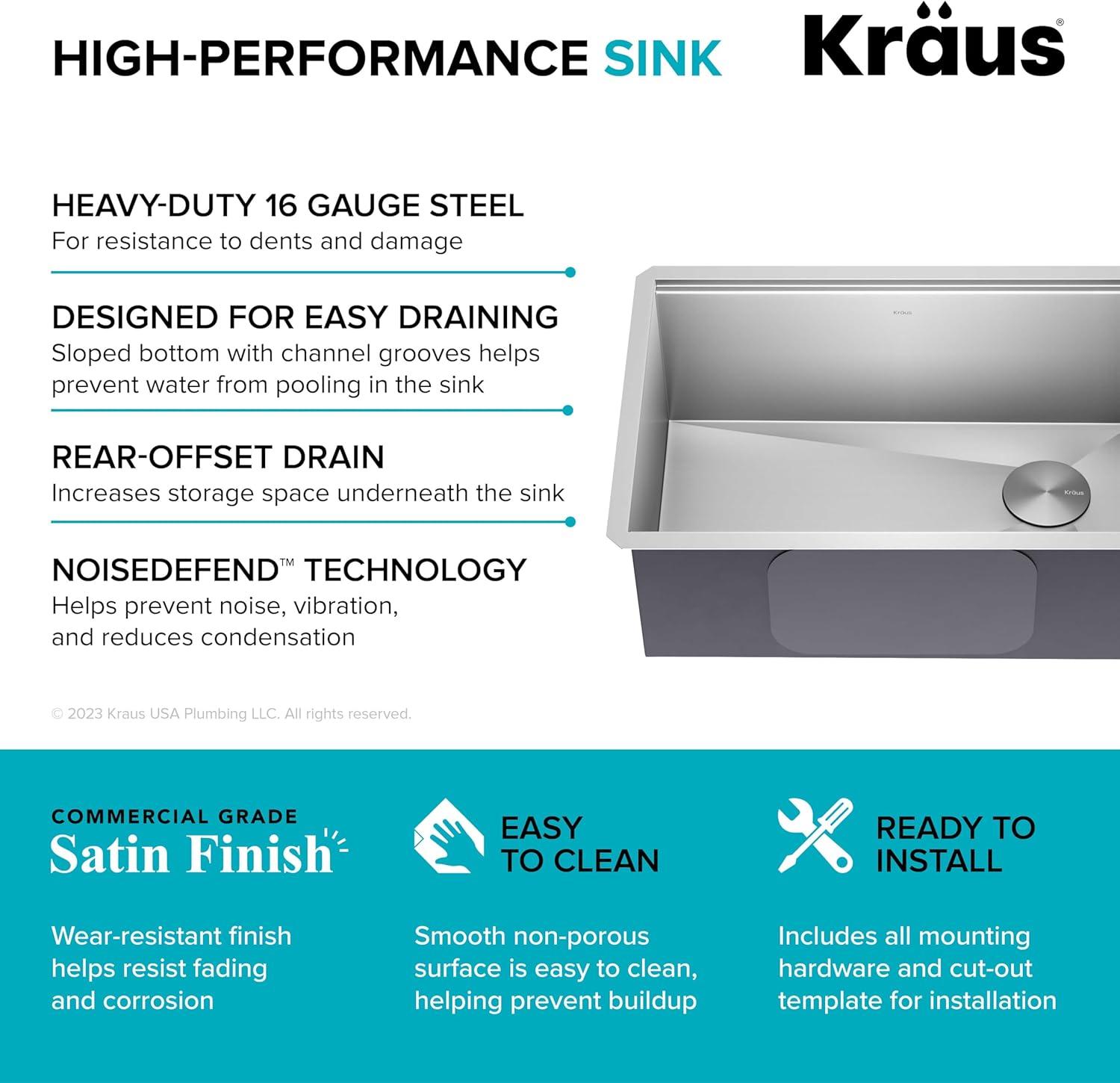 KRAUS Kore™ Workstation 27-inch L Undermount 16 Gauge Single Bowl Stainless Steel Kitchen Sink with Accessories