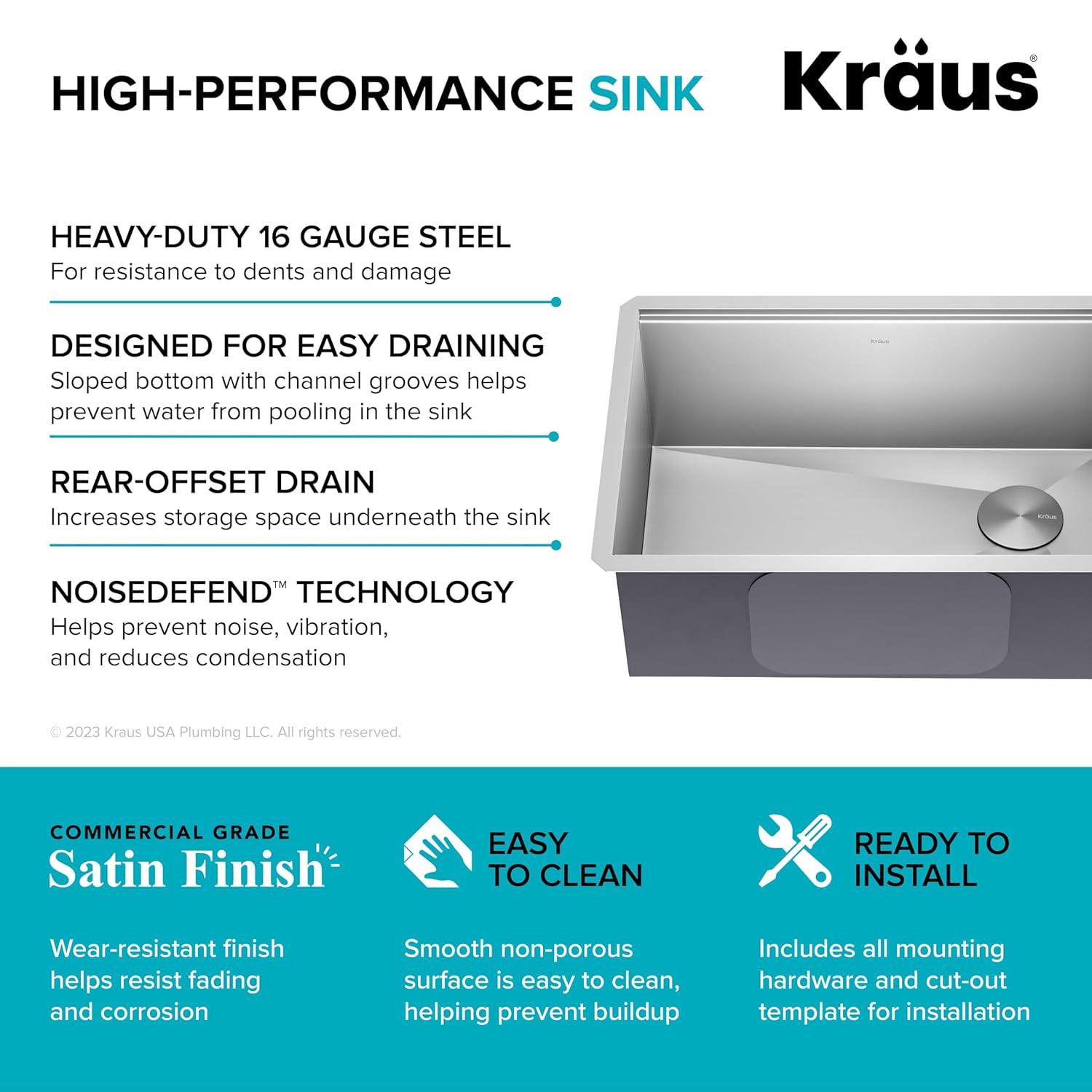 KRAUS Kore™ Workstation 27-inch L Undermount 16 Gauge Single Bowl Stainless Steel Kitchen Sink with Accessories